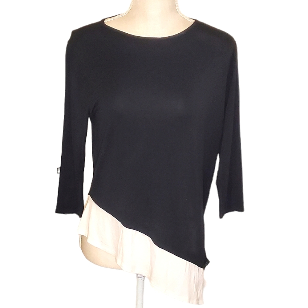 SWEET JOURNEY | Women's black with white assymetrical hem shirt. Size *Large.